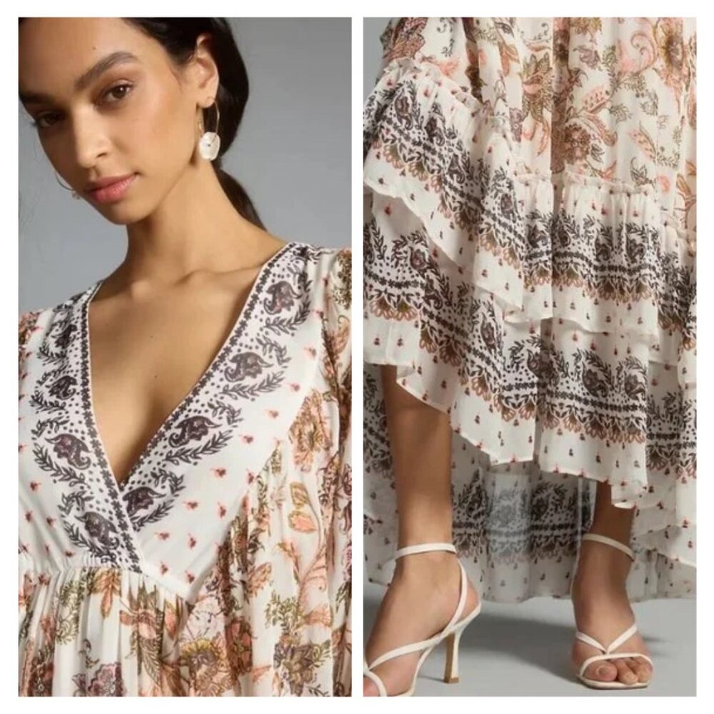 Anthropologie Floral Maxi Dress - Cream and Brown - Picture 2 of 5